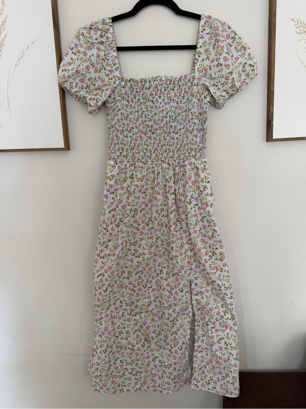 J Crew 100% cottonFloral Puff Sleeve Midi Dress in White with Pink & Green Print